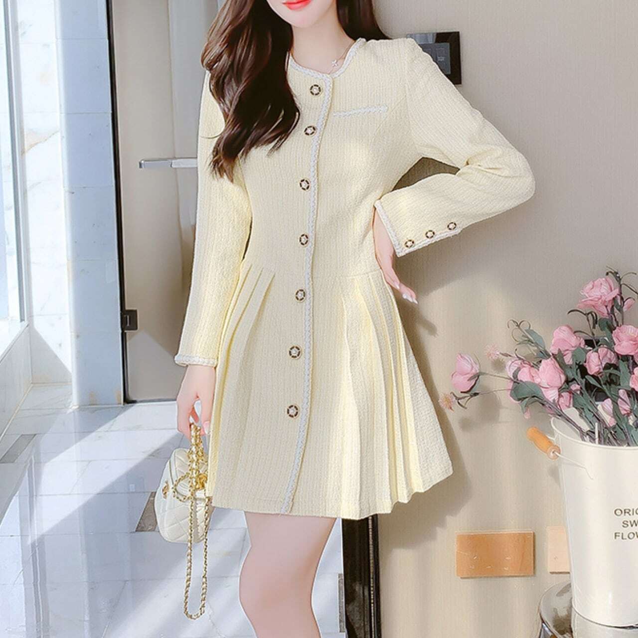 ワンピース レディース エレガント ツイード プリーツ ミニワンピース ラウンドネック 長袖 フォーマル お呼ばれ 清楚 清潔感 大人可愛い ママコーデ 韓国 オルチャン 人気 トレンド 新作
