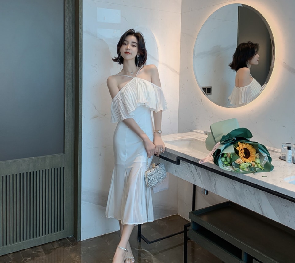 ワンピース ティアードワンピース ミモレ ミモレ丈 袖なし ノースリーブ Vネック 襟なし スリム タイト Iライン 切り替えデザイン スマート フリル 切り替えデザイン ファスナー ハイウエスト