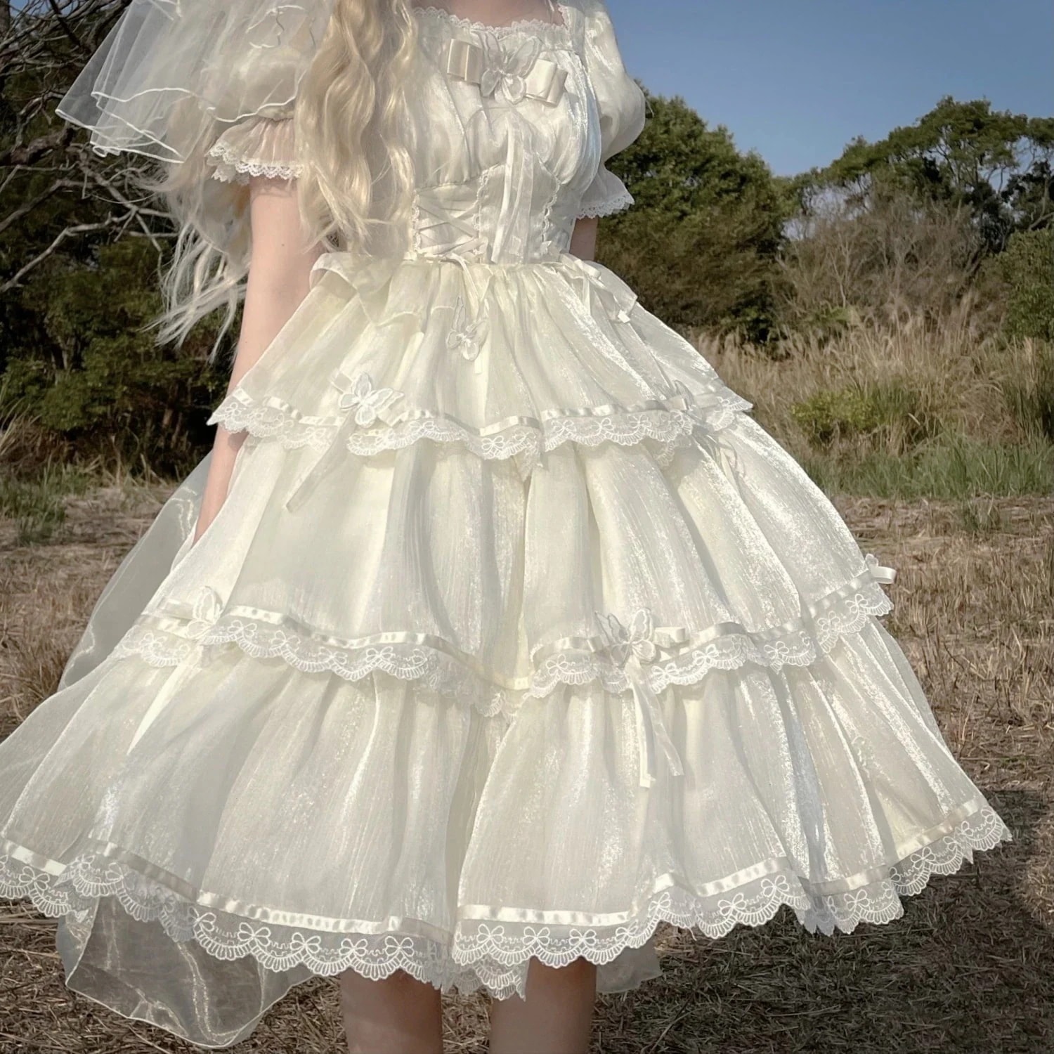 大きいサイズ ロリータ ロリータ スカート やや太め 半袖 エレガント フラワー ウェディング パフスリーブ デブ お姉さん 夏