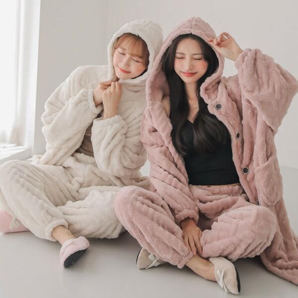 シェルパフード付きツーピース ファーパジャマ レディース 冬 ホームウェア 上下セット 2色