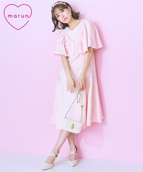 ロングマキシ丈/半袖 大きいサイズ ジャガードフリルワンピース marun