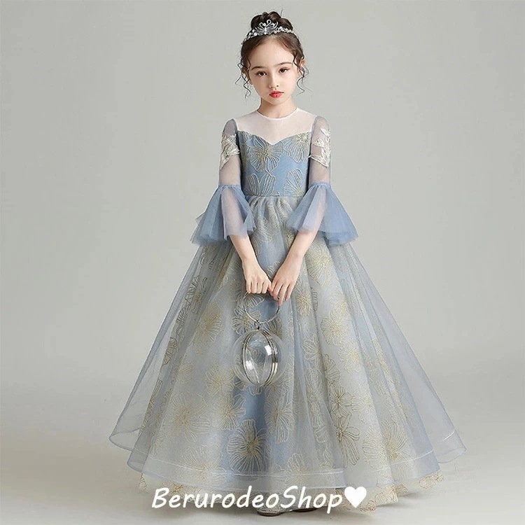 子供ドレス ロングドレス ピアノ発表会 ドレス ブルー フレア袖 可愛いドレス 女児ドレス ロング 演奏会ドレス キッズドレス 女の子 子どもドレス 演出服 ステージドレス 2タイプ 100 110