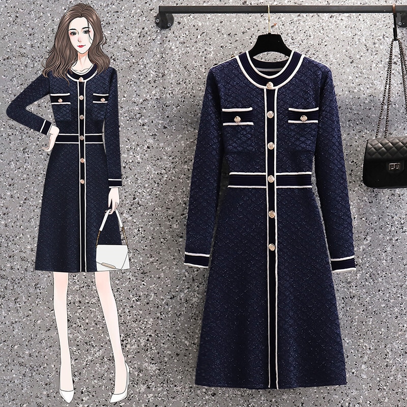 ワンピース ビッグサイズ 高級感 ニットドレス 長袖 ミドルロング丈 ハイウエスト 秋 冬 シック ボタン Aラインスカート 立体生地 通勤 通学 着やすい おしゃれ着きちっと感フォーマル