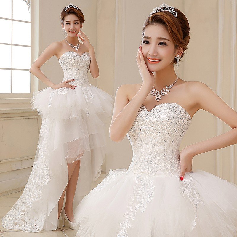 ウェディングドレス 安い ロング トレーンドレス 前ミニ ウエディングドレス 二次会 エンパイア 花