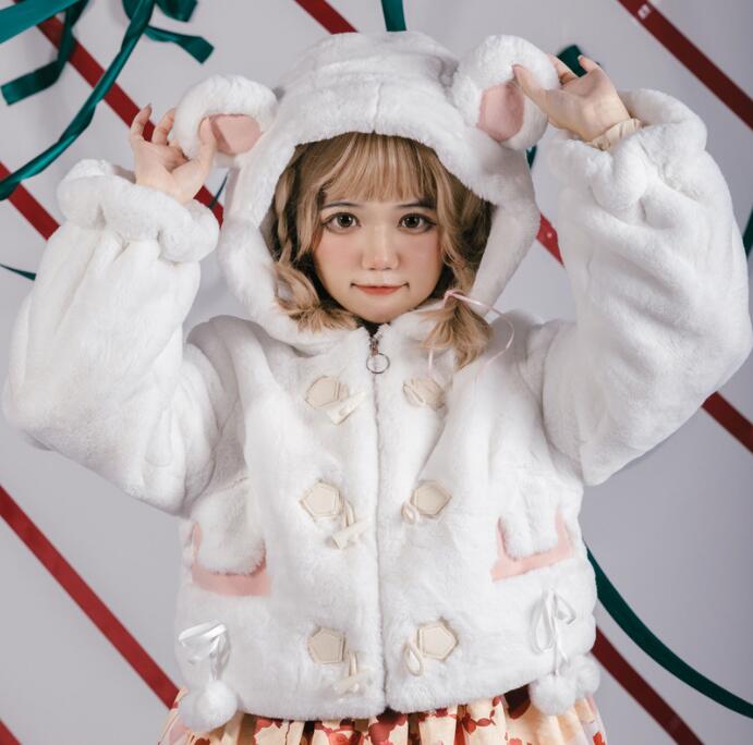 新作 ロリータコート もこもこ コート 熊耳フード付き 女子高校生 可愛いアウター ふわふわ 起毛コート ショート丈コート JK 通学アウター 防寒服 可愛いコート