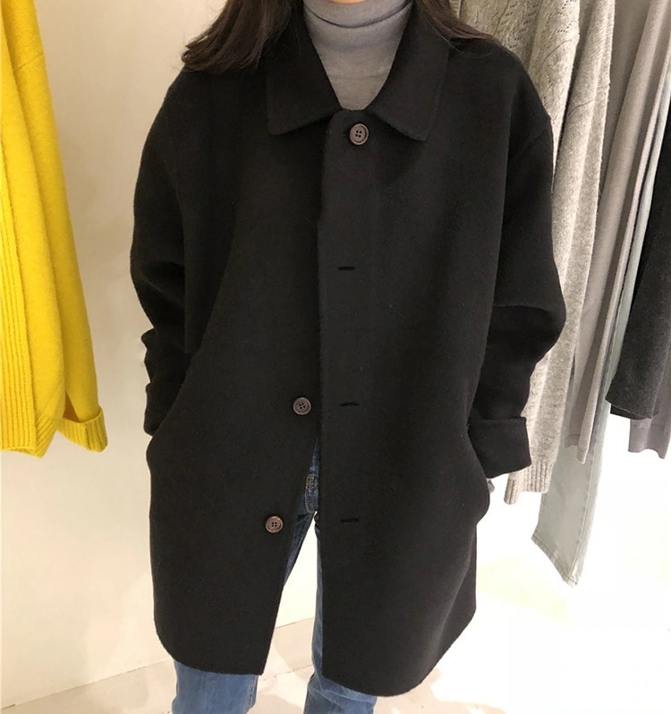 アウター コート チェスター ミドル丈 膝丈 長袖 襟付き Aライン ウール 厚手 かわいい 大人可愛い きれいめ シンプル ガーリー 無地 秋 冬 学生 通学 デート XL 大きい 黒　ベージュ