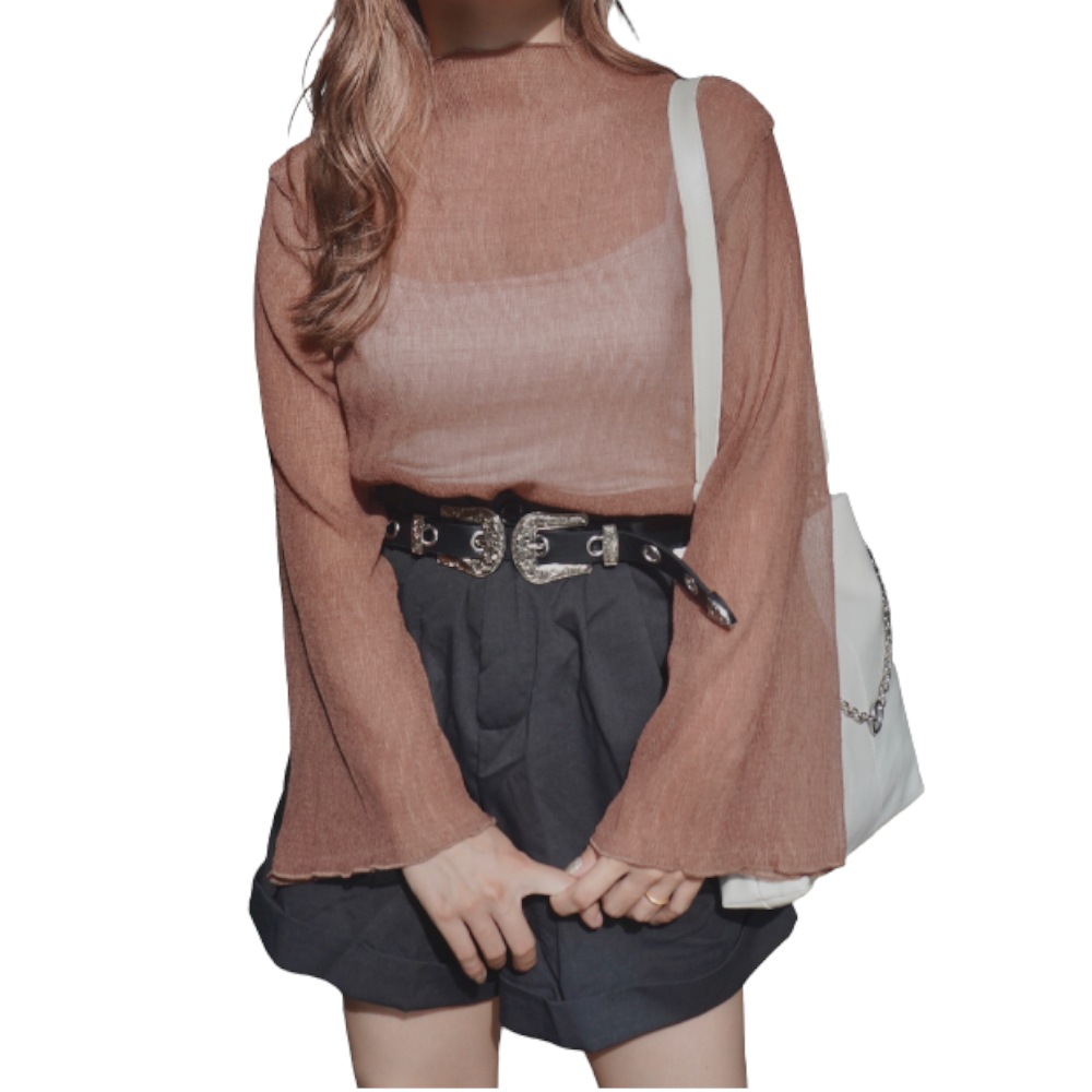 Crinkle Sheer Bell Sleeve Tops (brown) A.D.G レディース