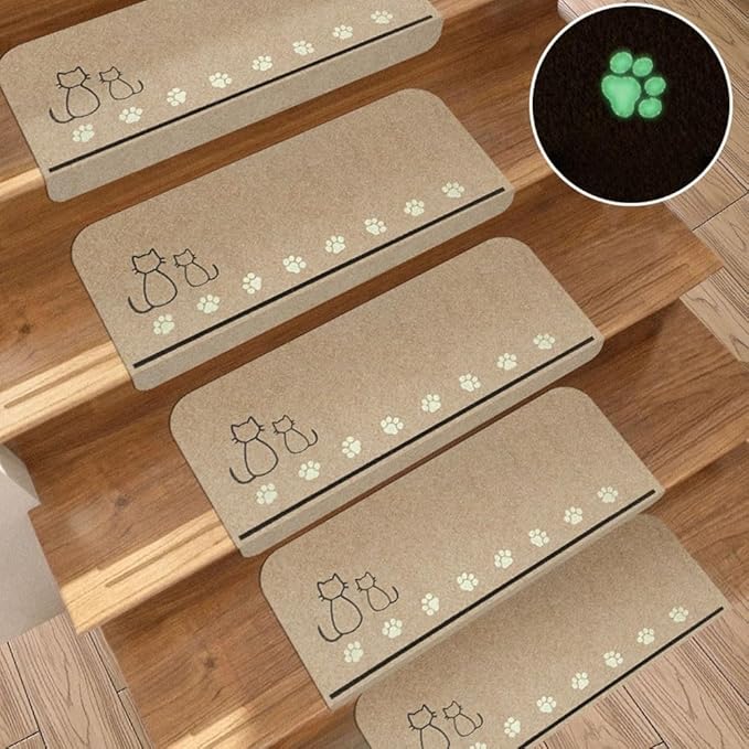 階段マット 階段滑り止めマット 犬 猫 階段滑り止めマット 蛍光 15枚 滑り止め 曲面 防音マット 洗える 傷防止 かわいい 猫 約55x22cm 15枚セット 厚さ4mm おしゃれ 吸音マット 騒