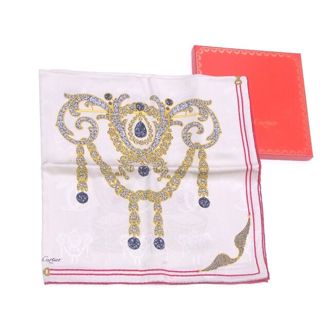 スカーフ 大判サイズ ジュエルプリント ベージュ レッド系 中古