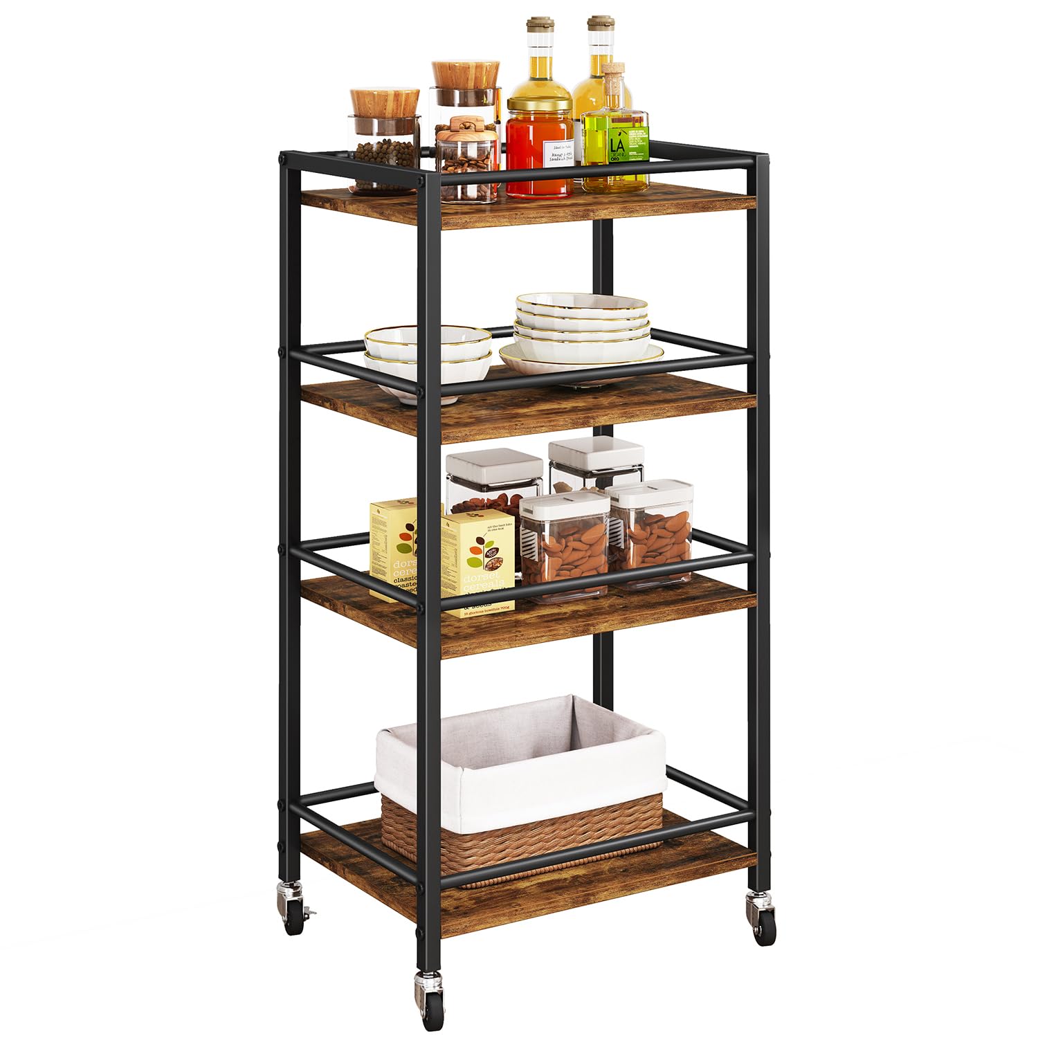 IBUYKE キッチンワゴン 隙間収納 収納カート キャスター付き 4段 北欧 ワゴン 省スペース 移動しやすい 組み立て簡単 収納ラック キッチンワゴン キッチン 洗面所 収納 ブラウン JPTMJ