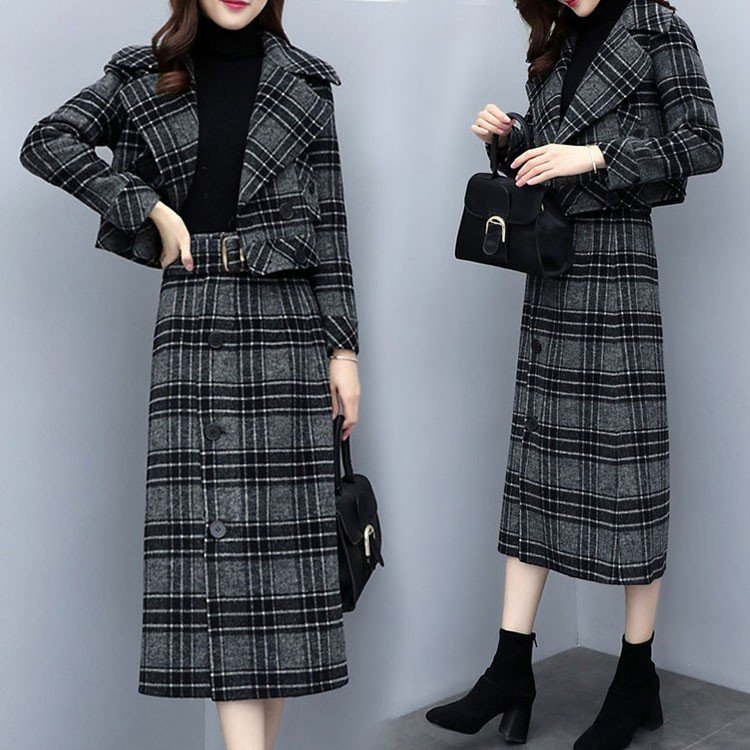 アップ レディース 秋冬 フォーマル スーツセット ダッフルコート チェック コート ロングスカート