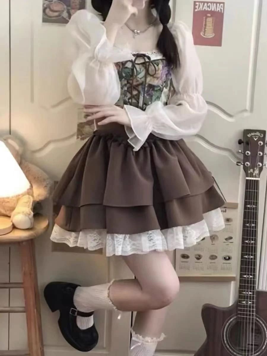 韓国ファッション 百掛け フランス 復古 長袖シャツ ポンポン姫スカート 2点セット