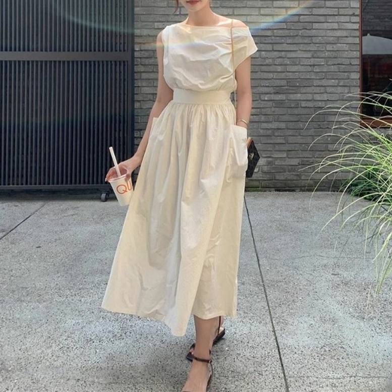 レディース ウエストマーク ロングワンピース フレンチスリーブ フレアワンピース ドレス ワンピース