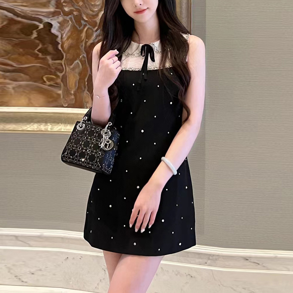 フランス レトロ ワンピース デザイン感 ノースリーブ パッチワーク スカート Aライン 気質ファッション