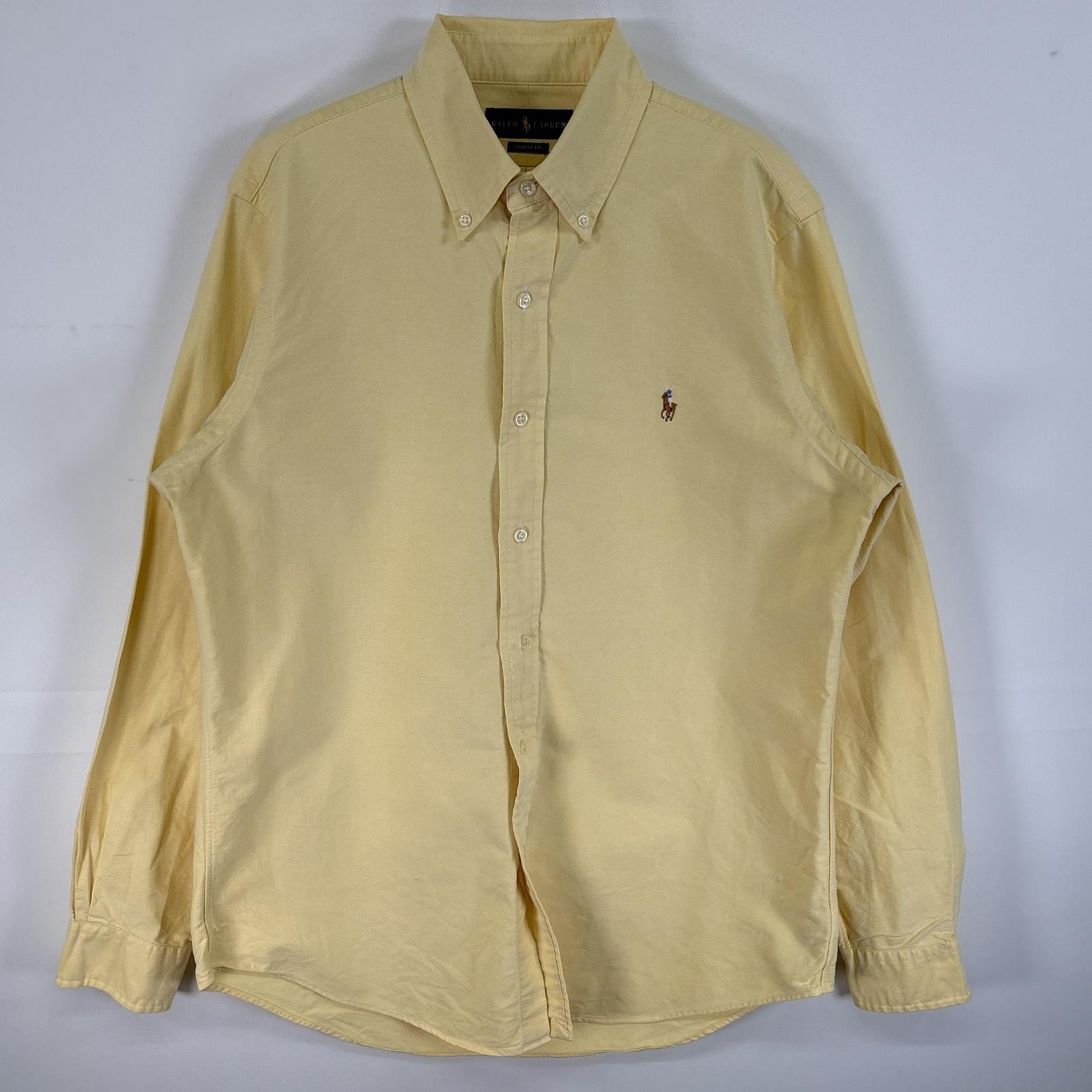 古着 90s/90年代 長袖シャツ ロゴ 刺繍 オックスフォードシャツ カラーシャツ M イエロー 無地 メンズ
