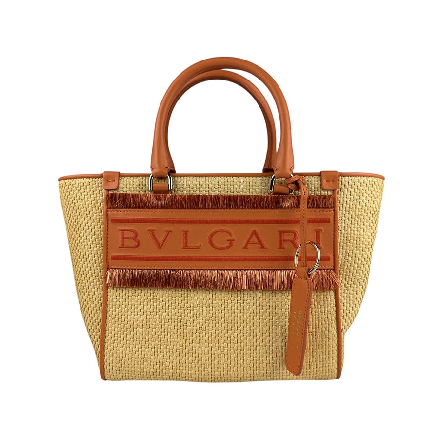 ブルガリ BVLGARI ハンドバッグ ショルダーバッグ リゾートコレクション ラフィア/レザー ベージュ×オレンジ レディース z5626