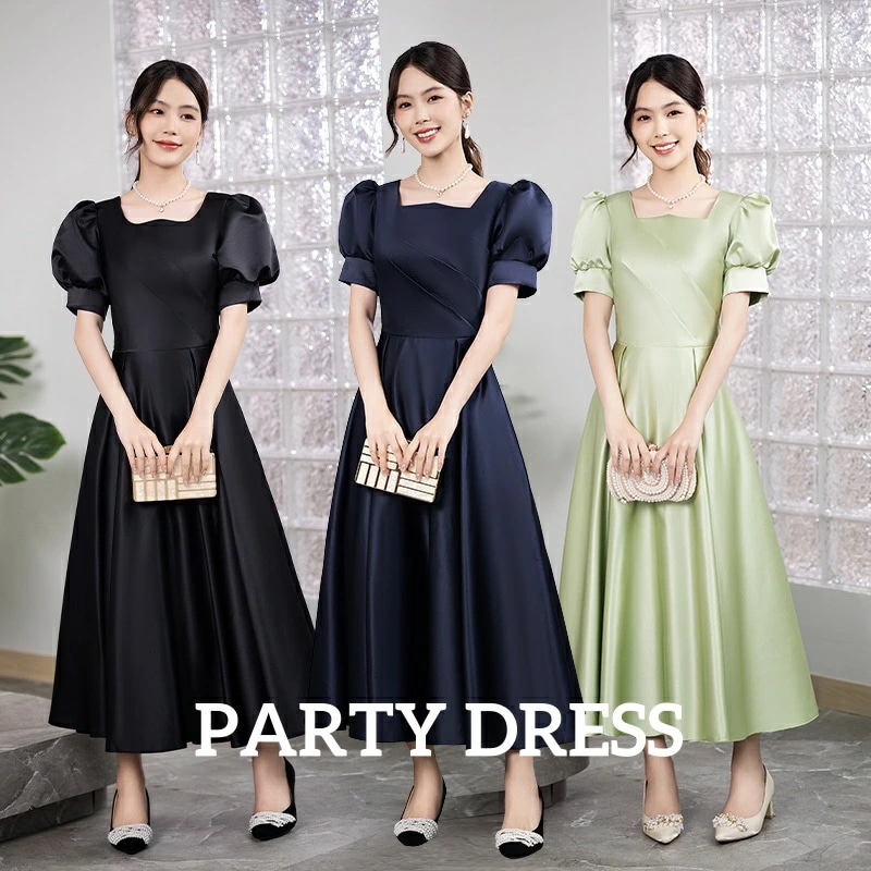 パーティードレス エレガント 上品 きれいめ ３色 イブニングドレス 礼服 成人式 宴会 結婚式 ブライズメイド 着痩せ ファスナー 無地 マキシ丈 半袖 aライン 司会 フランス風 音楽会 演奏会