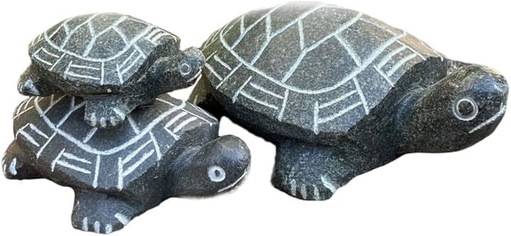 置物 カメ 亀 石 庭 ガーデニング 手彫り 縁起物 雑貨 小型 ギフト 御守り 癒し 屋外 オブジェ 和風 動物(小・中・大セット)