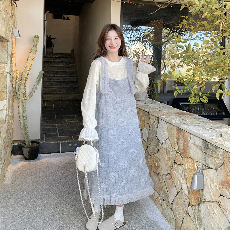 ファッション立体花バックワンピースセット2025新風タッセルサイドツーピーススーツ