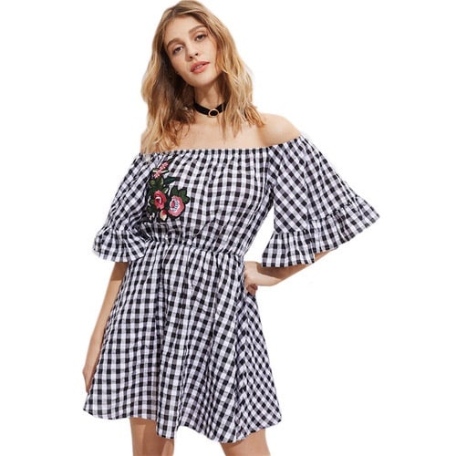 1116.ギンガムチェックオフショルダー刺繍ワンピース（ブラック） 100,000円