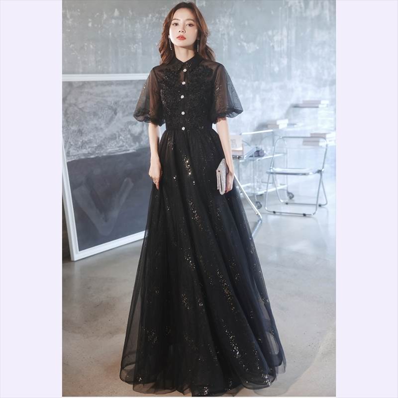 ロング ドレス パーティードレス シャツ風 フレア Aライン ラメ キラキラ 個性的 黒 袖あり 大人可愛い パフスリーブ 透け感 結婚式 二次会 お呼ばれ フォーマル 演奏会 ピアノ 発表会 ドレス