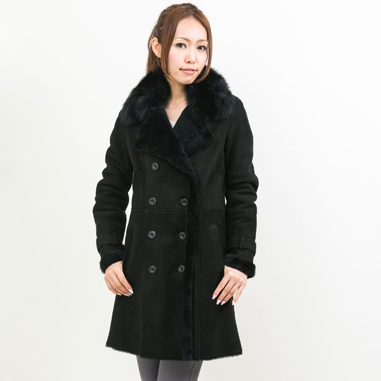 フォックス襟 ラム Wフェイス ファー コート ブラック 送料無料 レディース ギフト プレゼント