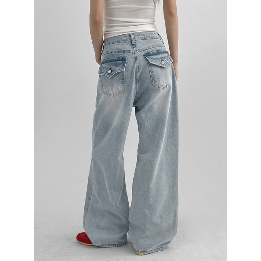 ブラックアップナタスバックポケットワイドデニムパンツ