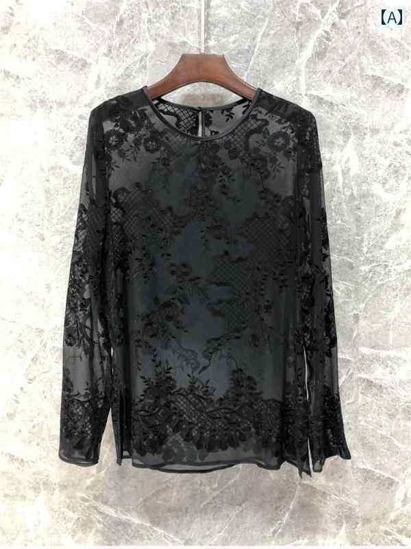 レディース　ニット　レース　シルク 小 ブルジョア 高級 スプリット 刺繍 レース シャツ 女性 春 品 シルク 新型 チャイナ風 透視 セクシー トップ 52 L 28