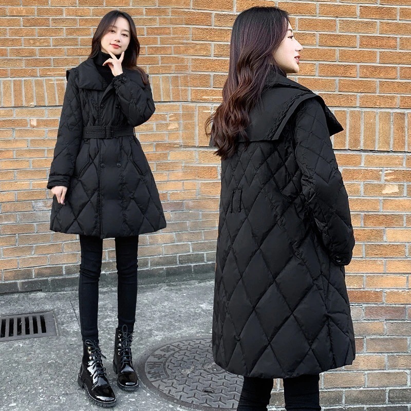 アウターダウンジャケットコートダウンジャケット 防寒カジュア 新作 セミロング ウエスト引き締め 人気なリプニット 細見え 厚手 気質 裏起毛ファッション ブラック 中綿コート 体型カバー