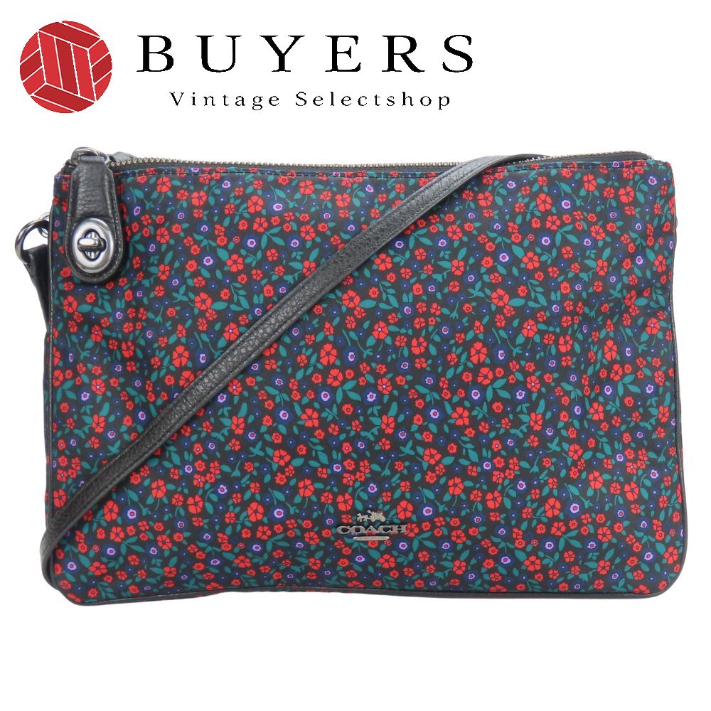 中古 ショルダーバッグ F59436 ナイロン レザー ブラック マルチカラー シルバー金具 斜め掛け フラワー 普段使い カジュアル レディース 女性