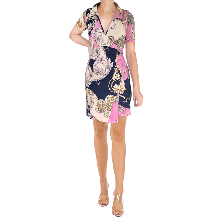 ワンピース ミニ丈 半袖 Vネック LAインポート バロックツタ模様 タイト レイヤード ラップ S.M.L マルチピンク FROM USA UA231016LA019