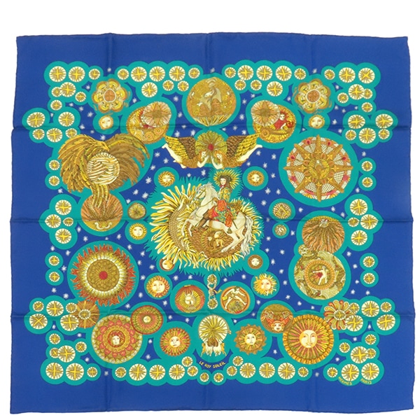 エルメス スカーフ カレ90 CARRE シルク ネイビー×グリーン 【LE ROY SOLEIL/太陽王】　 【箱】【中古】