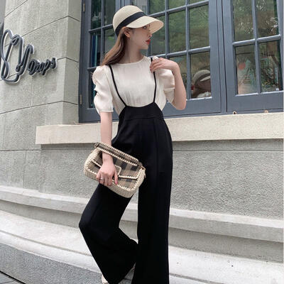 セットアップ2点セットサロペットパンツパンツロング丈パフスリーブTシャツ半袖ブラウスカジュアル