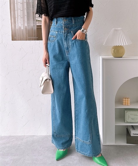 ロングパンツ ハイウエストオーバーラップワイドデニムパンツ