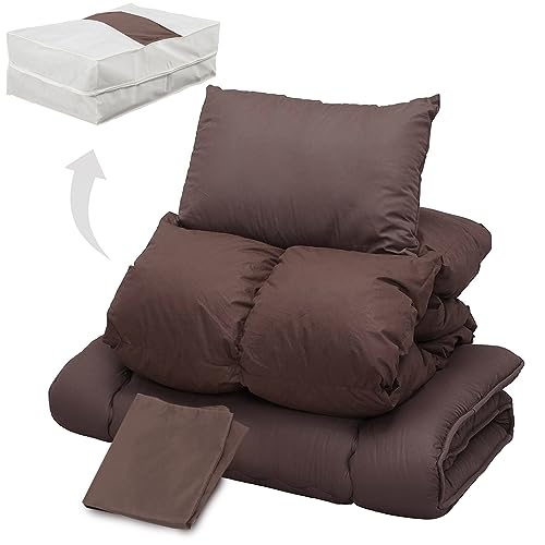 アイリスプラザ 布団 セット 5点 シングル 羽根布団 敷布団セット 3層構造 あったか ふわふわ フェザー100% ピーチスキン 軽量 ボリュームタイプ ブラウン