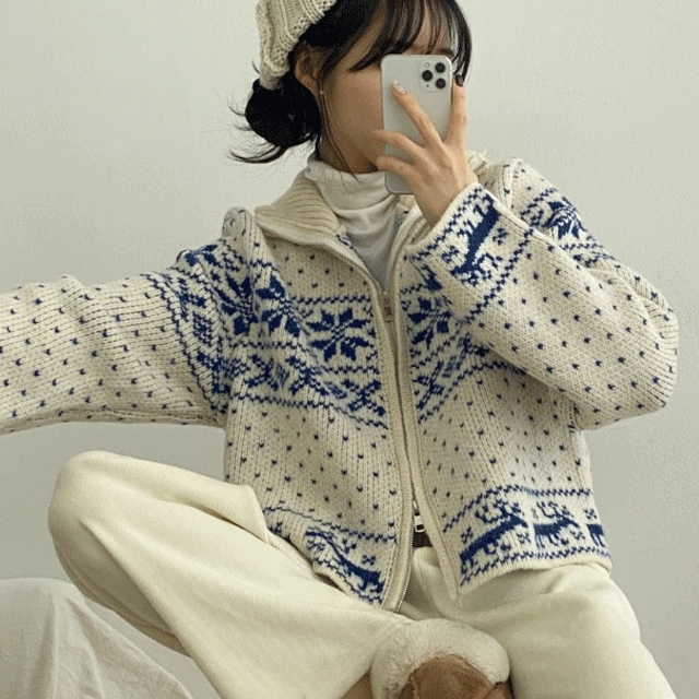 [2color] 厚手 ビンテージ 冬 雪花 ノルディック ツーウェイ ニット ジップアップ