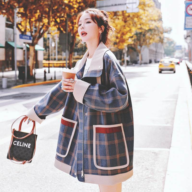 「品質良い」2色 アウターのジャケット レディース ミディアム丈 チェック柄 個性的 春 秋 おしゃれ 青 コーヒー ネイビーブルー 襟付き 長袖 シングルブレスト ボタン かわいい 大人可愛い 薄手