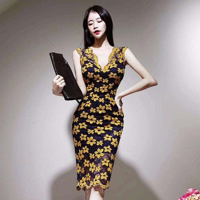 Vネック フラワー総レース ノースリーブ ドレス b422