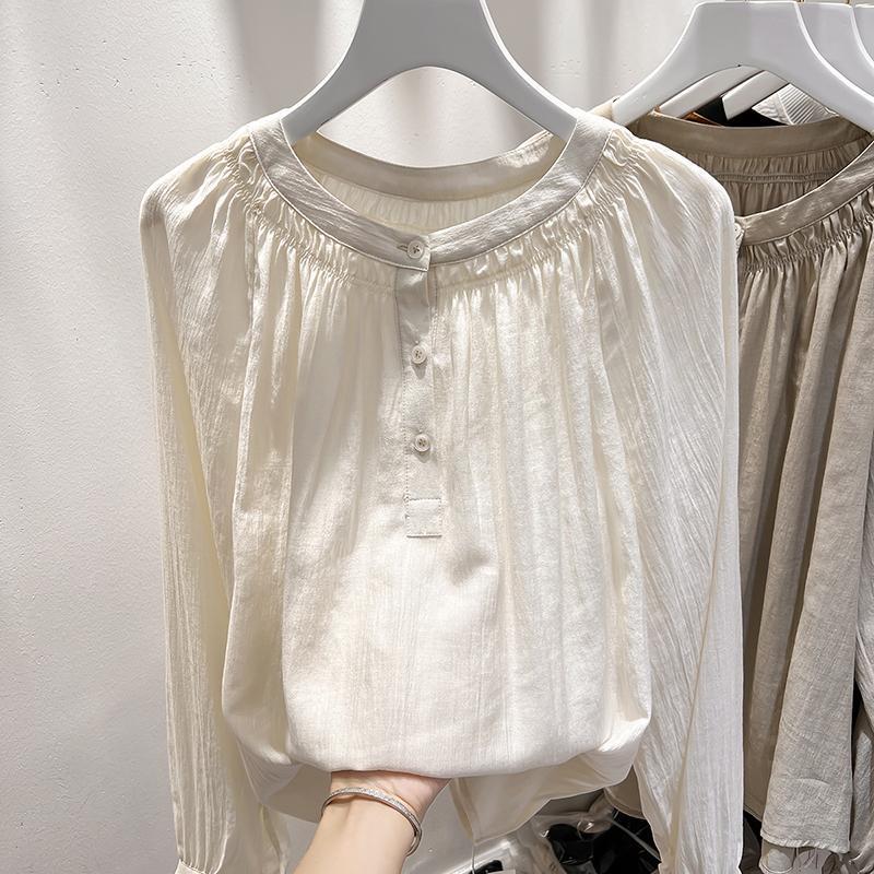 【1つ買うと10つ無料】2025ルーズスリムラウンドネックプリーツ3ボタンソリッドカラーオーバー女性のための長袖シャツ 44,243円