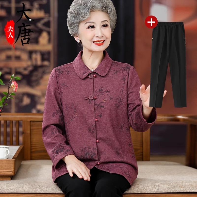 おばあちゃんの秋用シャツ中高年女性用長袖トップスお母さん用カジュアルな襟付きシャツ春秋用お年配の女性向け