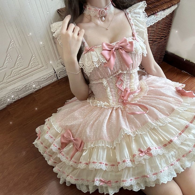 ロリータバレエスタイルのロリータドレスJSKスリングピンクケーキプリンセスドレスバースデードレス