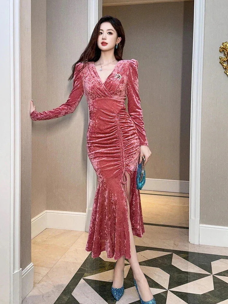 マーメイド パーティー 結婚式 ベルベット 2026秋冬新品 同窓会 二次会 卒業式 披露宴 スリット ドレス 大人 シワ ウェディング 演奏会 キャバ 巾着 vネック