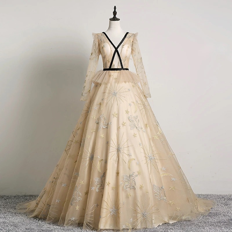 プリンセスラインドレス 刺繍 ステージドレス 編み上げタイプ 演奏会用ドレス イブニングドレス フォーマルドレス 結婚式 二次会 披露宴 Vネック パーティードレス ロングドレス 長袖 カラードレス