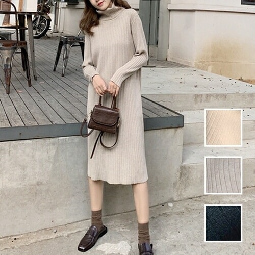 ワンピース カジュアル ミディアム ひざ丈ワンピ 韓国 ファッション レディース 秋 冬 カジュアル コーデ シンプル 定番 セレカジ 20代 30代 40代 2025 オーバーサイズ リブニッ