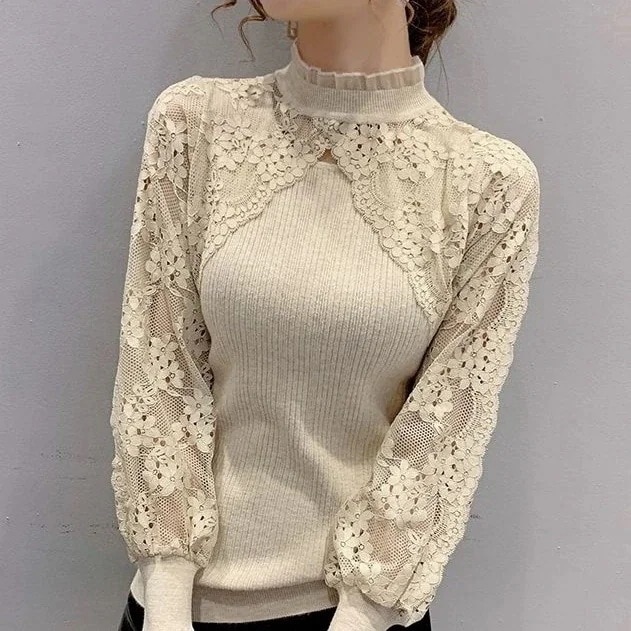 即納再々入荷 無地 ランタンスリーブ 透かし彫り レース ニットセーター