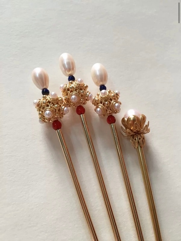 ヘアピン李静訓隋唐風銅メキ真金24k神棒かんしゃし天然淡水真真珠りベアユンユアアクセサリ