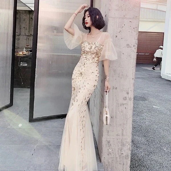 【急速出荷】スドレス可愛い花柄スクエアネック夏半袖　ロング丈　マキシ丈お呼ばれゲスト二次会披露宴きれいめスパンコールシフォンマーメード大人レディースタイト上品フレア袖レース結婚式イブニングドレスパーテ