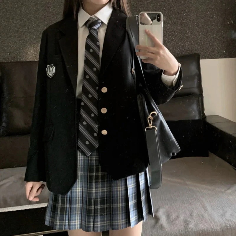 S5204-14 JK 女子高生 制服セット 5点ワイシャツ＋ネクタイ＋スカート+ブレザー 紺色 ネ