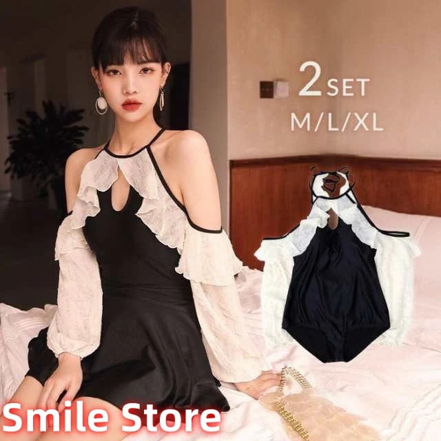 長袖 リゾート水着 新作 オフショルダー おしゃれ ワンピース おしゃれ水着 ブラック オフショル水着 水着 ガーリー 体型カバー 黒 レディース