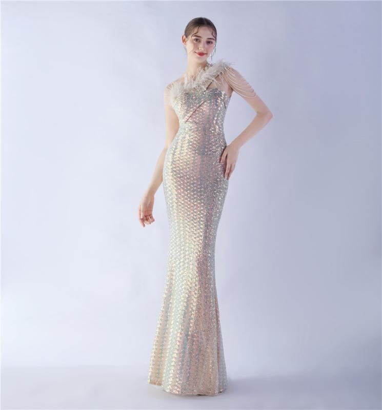 ロング ドレス レディース イブニング スパンコール きらきら 斜め アシンメトリー ワンショルダー マーメイド スリムフィット きいサイズ パーティー エレガント 黒 赤 ゴールド